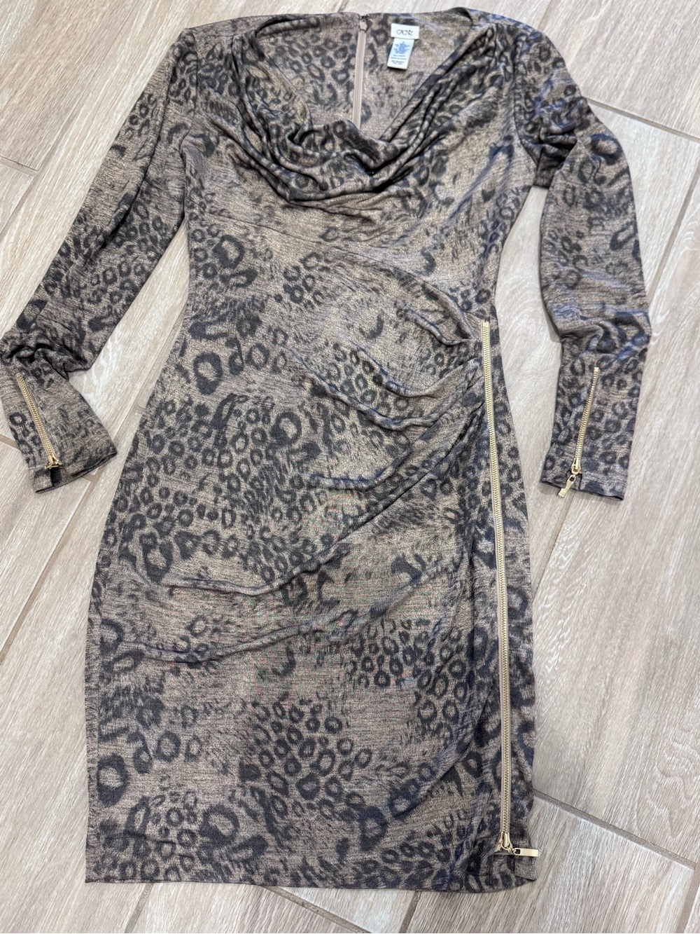 Cache Taupe and Black Leopard-Print Cowl Neck Long Sleeve Dress